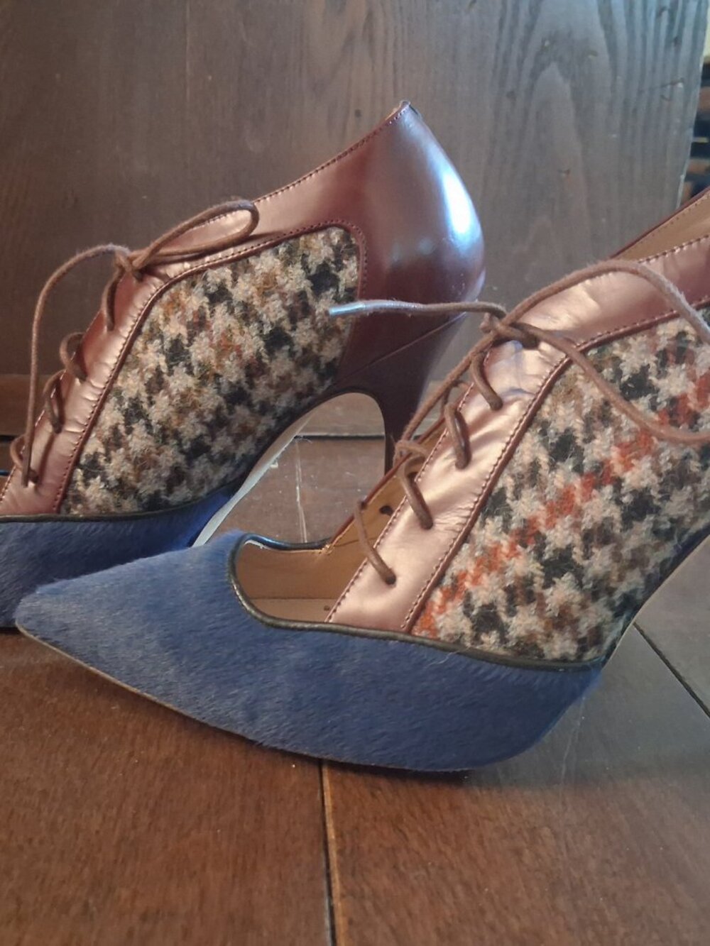 J.Crew Collection ponyhair and plaid leather lace-up heels. - Picture 2 of 6